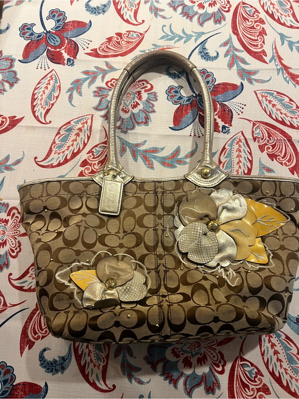 Coach Brown Signature Canvas Tote with Gold Handles and Floral Appliqués